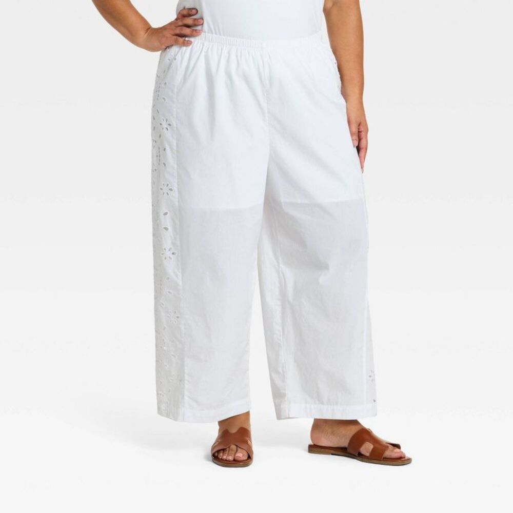 Women's Cropped Straight Leg Eyelet Pull-On Pants - A New Day White XXL